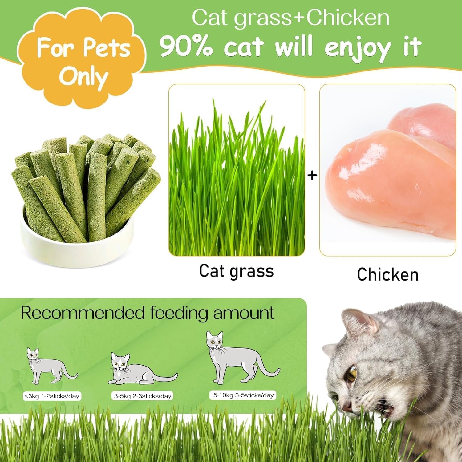 50G Cat Grass Teething Stick for Cat, Natural Dried Cat Grass Treats Snacks for Cats, Edible Cat Chew Toys for Teeth Cleaning and Hairball Removal