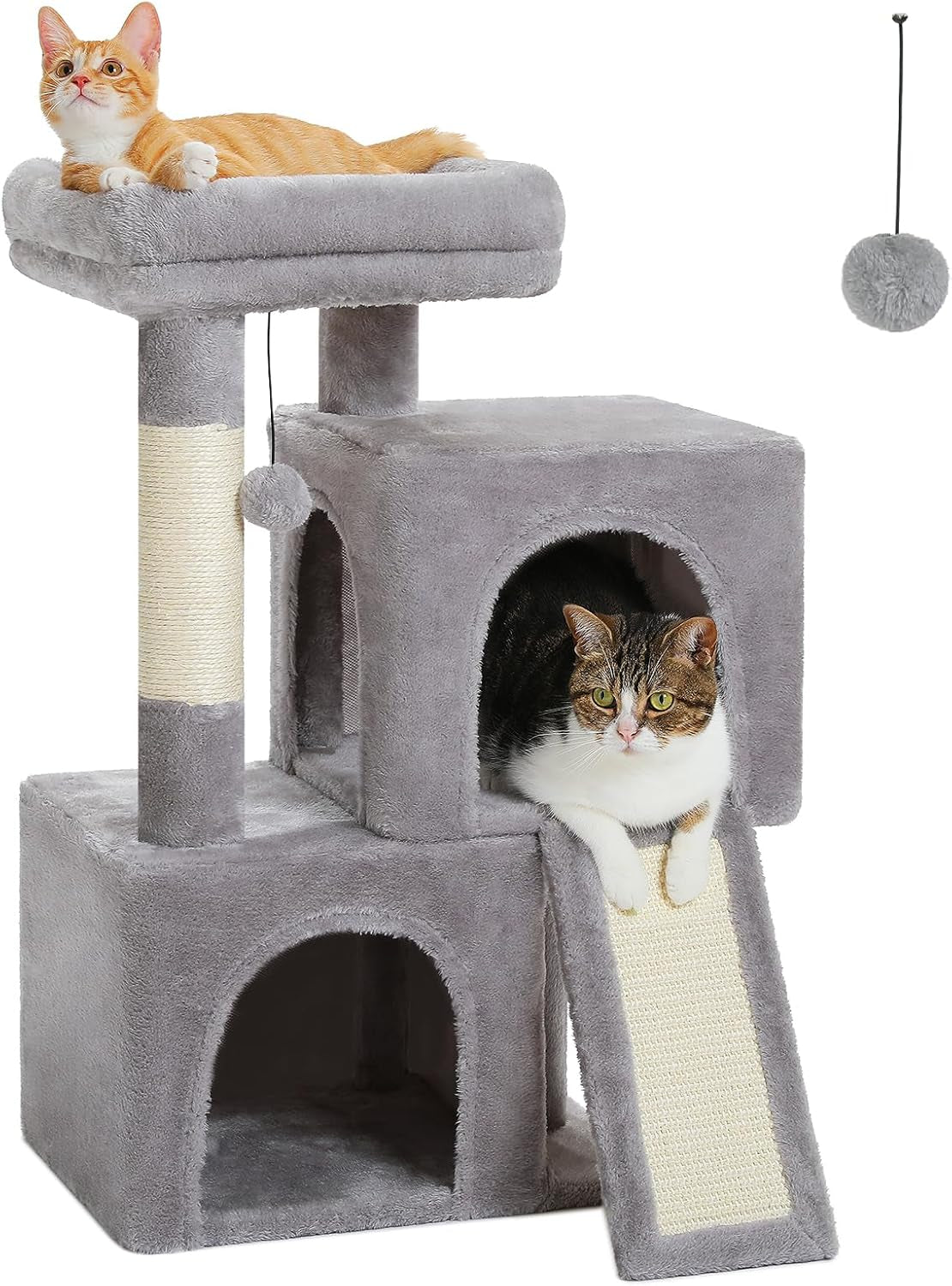 34 Inches Cat Tree Multilevel Cat Tower with Double Condos, Spacious Perch, Fully Wrapped Scratching Sisal Post and Replaceable Dangling Balls Gray