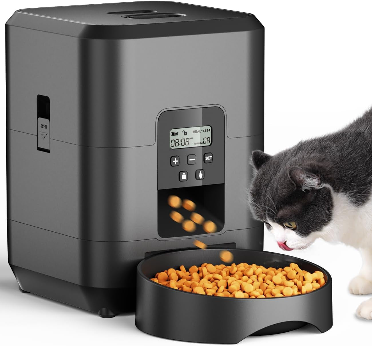 Automatic Cat Feeder, Timed Cat Food Dispenser with 1-4 Meals per Day for Cats and Small Dogs, 2L Auto Pet Feeder for Dry Food with Programmable Portion Control,Dual Power Supply, Easy to Clean, Black