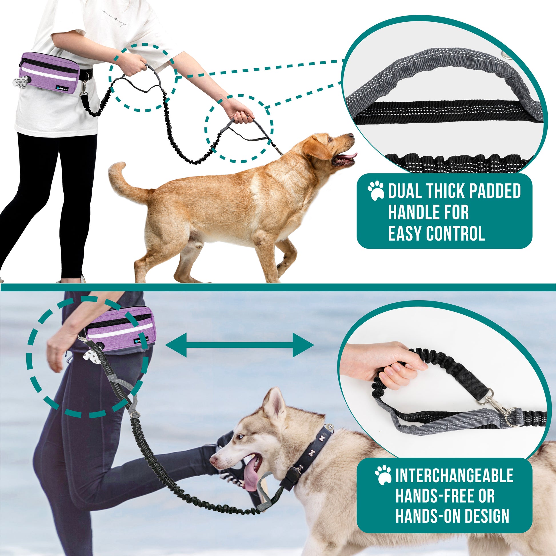 Dog Leash Belt Hands Free Running Jogging Walking Waist Pouch with Bungee Leash