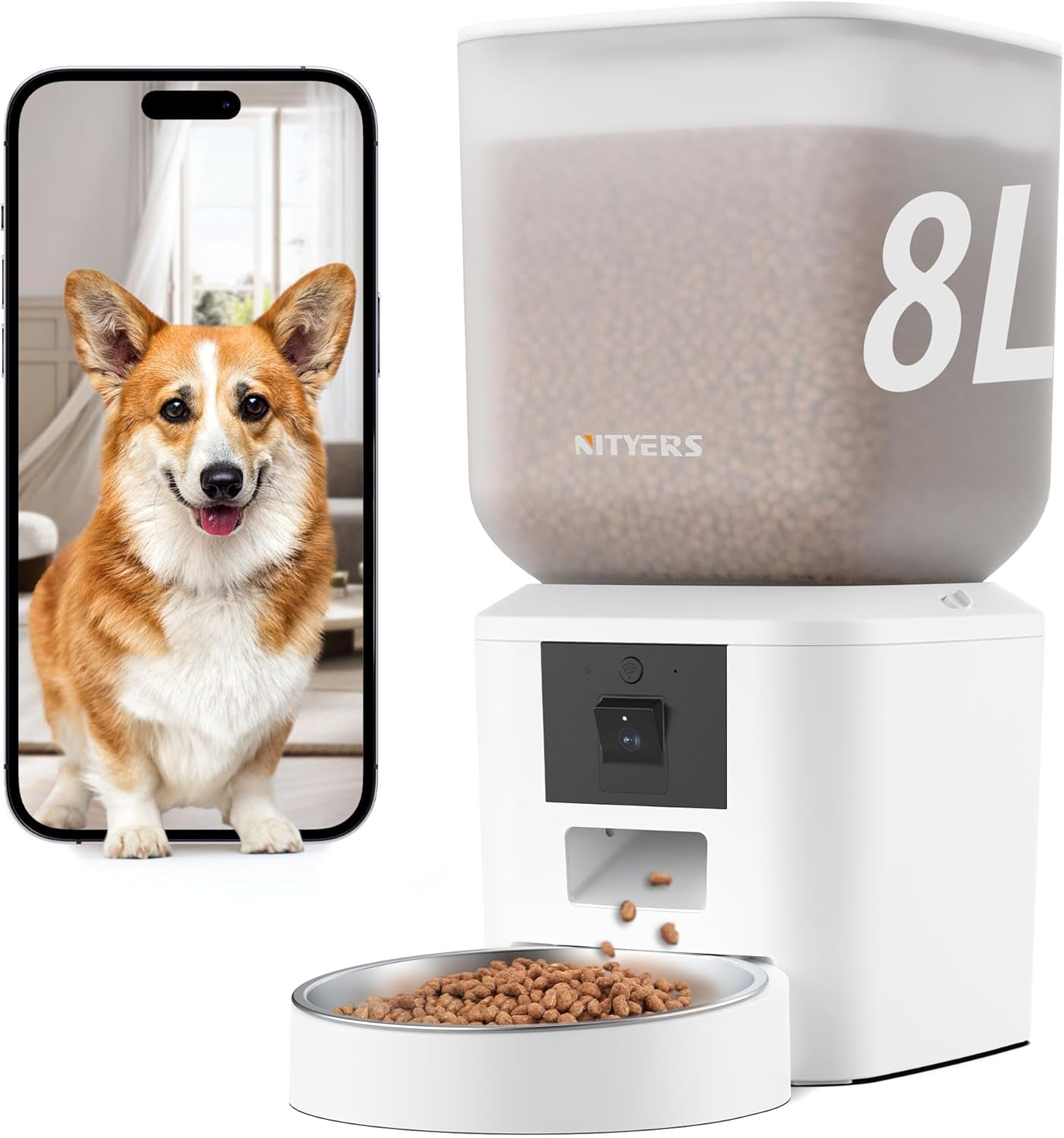 Automatic Dog Feeder - 8L/34 Cups Large Capacity Automatic Cat Food Dispenser Large Food Tray, Battery Operated, Timed Cat Feeder, up to 50 Portions 6 Meals per Day (White, One Bowl-Standard)