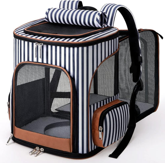 X-Large Cat Backpack Carrier Airline Approved Pet Backpack Expandable Dog Backpack Carrier for Medium Cats, Small Dogs, Puppies up to 18 Lb, Striped, XL