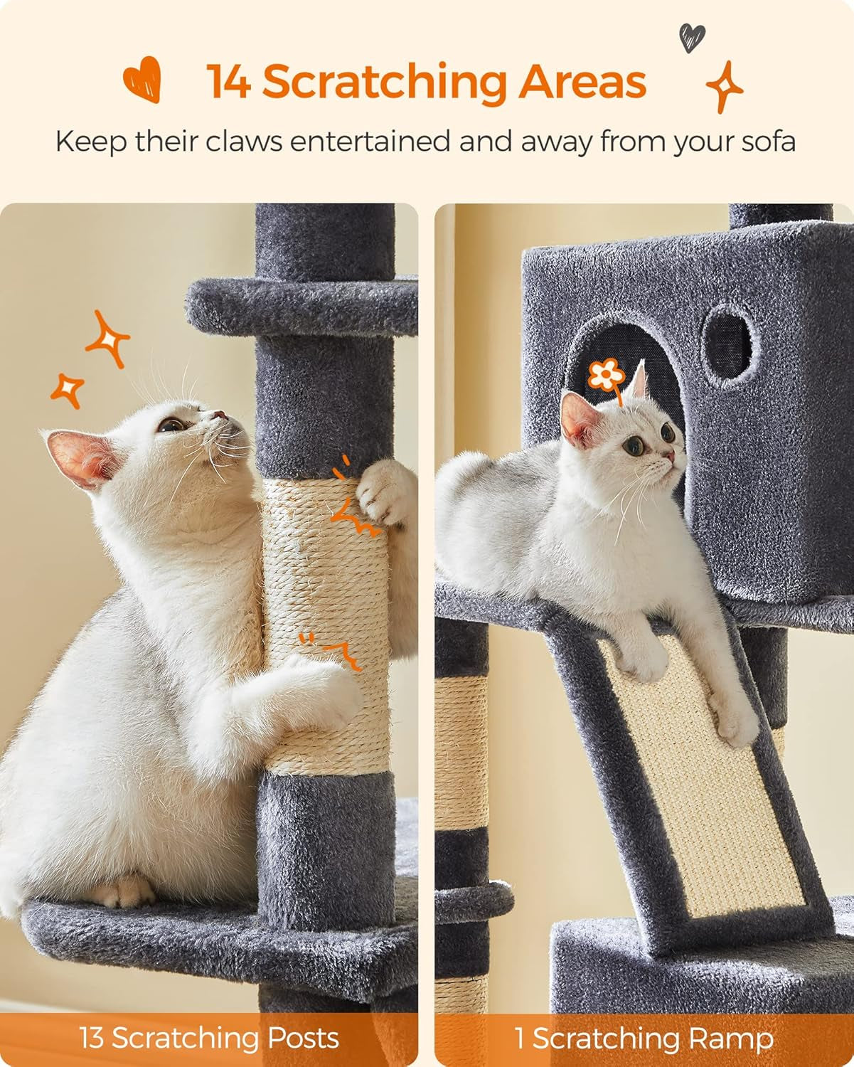 Cat Tree, 81.1-Inch Large Cat Tower with 13 Scratching Posts, 2 Perches, 2 Caves, Basket, Hammock, Pompoms, Multi-Level Plush Cat Condo for Indoor Cats, Smoky Gray UPCT190G01