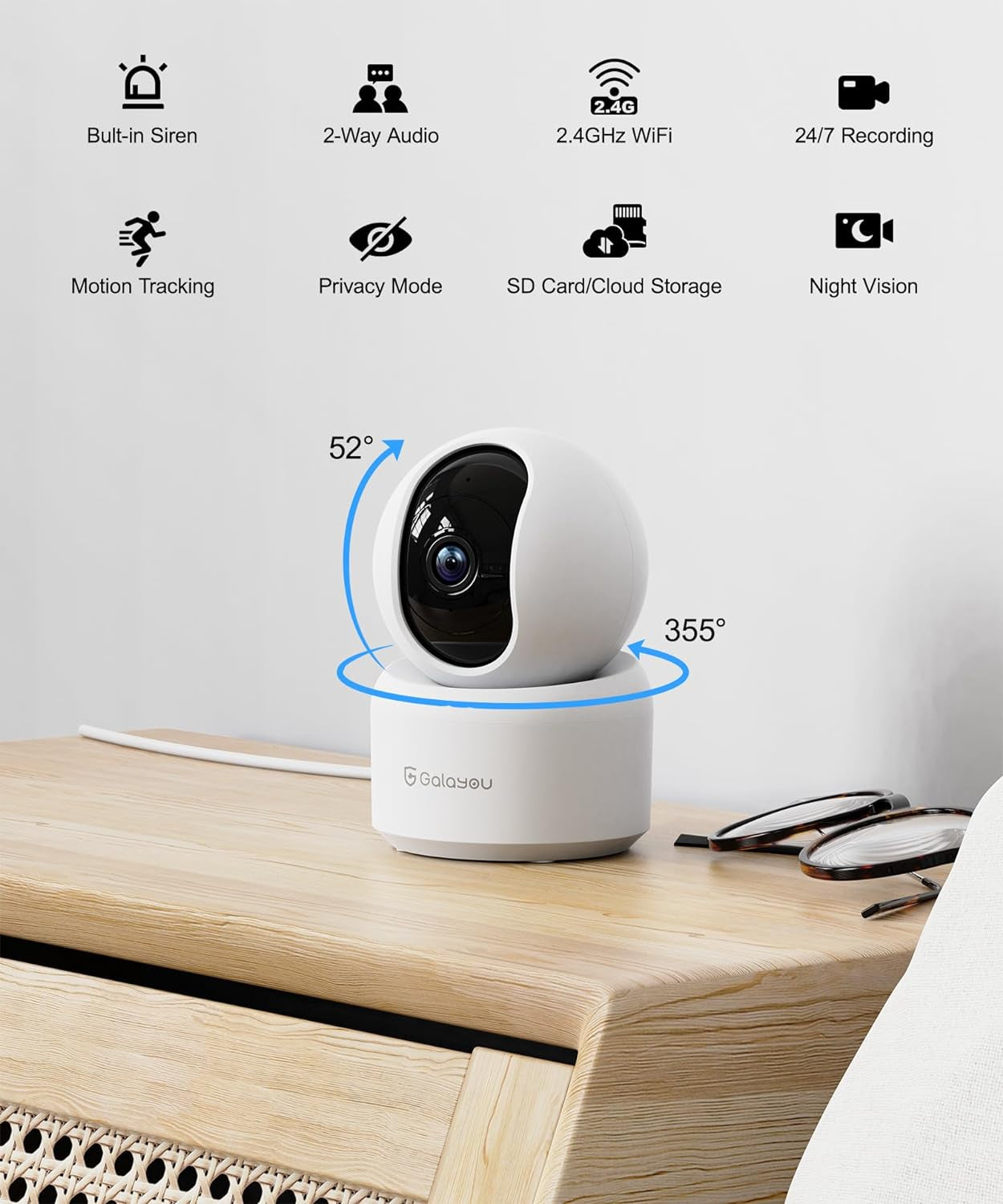 2K Indoor Security Camera, Pet Camera, 360 Degree Wifi Home Security Camera for Baby/Elder/Nanny/Dog with Night Vision, Siren, 24/7 SD Card Storage, Works with Alexa and Google Assistant G2