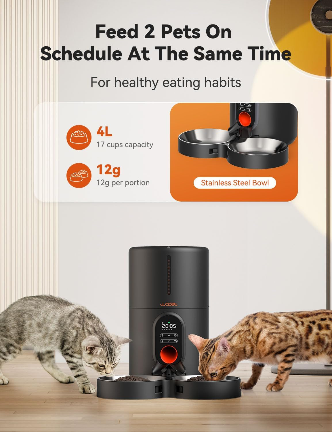 Automatic Cat Feeders 2 Cats, 4L Timed Cat Feeder with Stainless Steel Bowl, Programmable 1-6 Meals Control, Dual Power Supply Auto Pet Feeder for Cats and Dogs