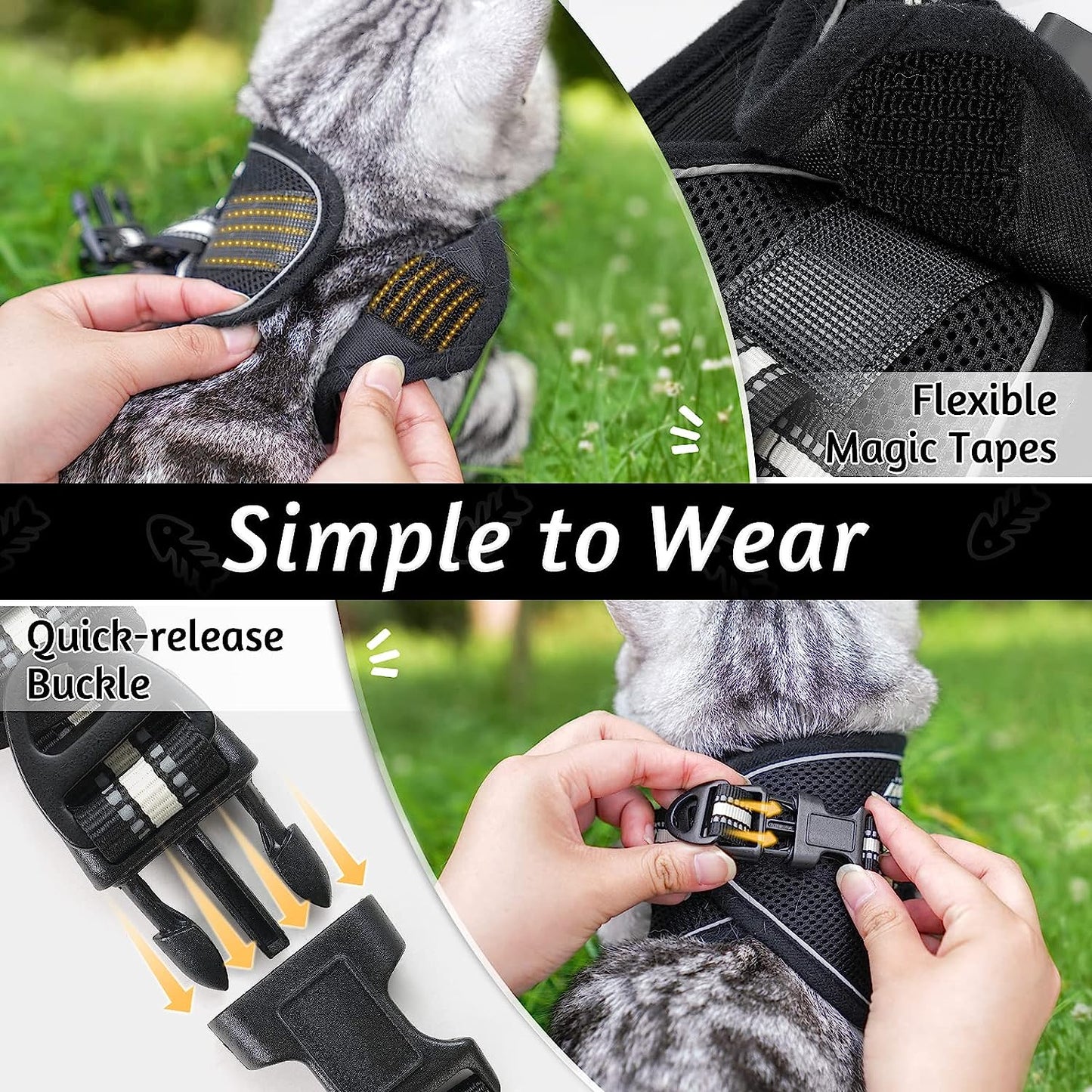 Cat Harness and Leash Set for Walking Escape Proof, Adjustable Soft Kittens Vest with Reflective Strip for Cats, Comfortable Outdoor Vest, Black, Small