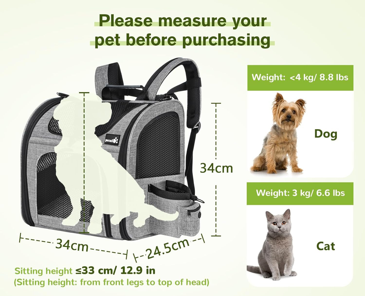 Cat Backpack with Breathable Mesh, Dog Backpack Carrier with Multi-Pockets for Cats Puppies, Pet Backpack Carrier for Travel Hiking Camping Outdoor Gray