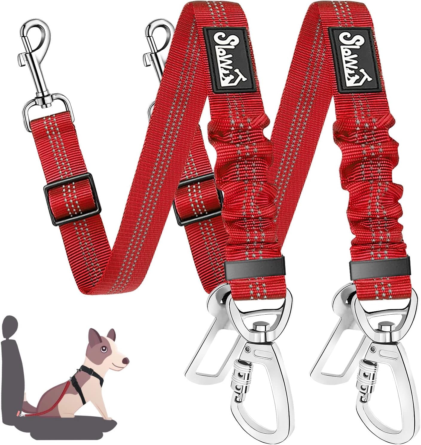 2 Pack Dog Seat Belt - Dog Car Seat Belt Adjustable with Elastic Bungee Buffer, Dog Car Seatbelt Tether & Latch Bar Attachment, Nylon Pet Safety Harness Leash for Vehicle (Red,2 in 1)