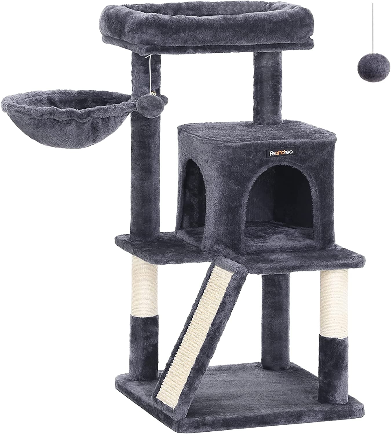 Cat Tree, Small Cat Tower with Widened Perch for Large Cats Indoor, Kittens, 37.8-Inch Multi-Level Cat Condo, Scratching Posts and Ramp, 2-Door Cat Cave, Cat Basket, Light Gray UPCT51W