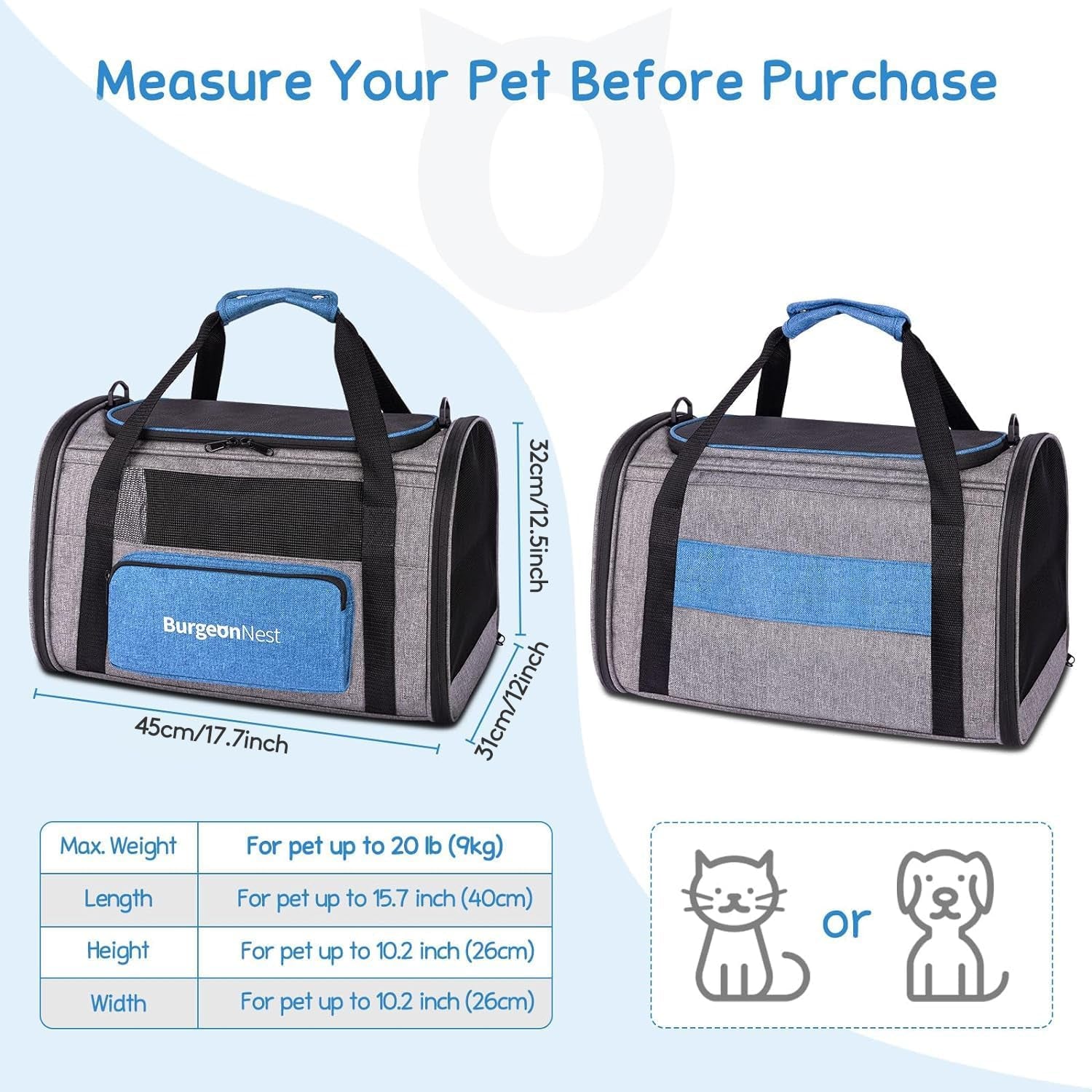 Dog Carrier for Small Dogs and Large Cats under 20 Lbs, Medium Cats 25 Lbs, and with Unique Side Bag,Top Load Pet Carrier Soft-Sided Escape Proof with 4 Ventilated Windows