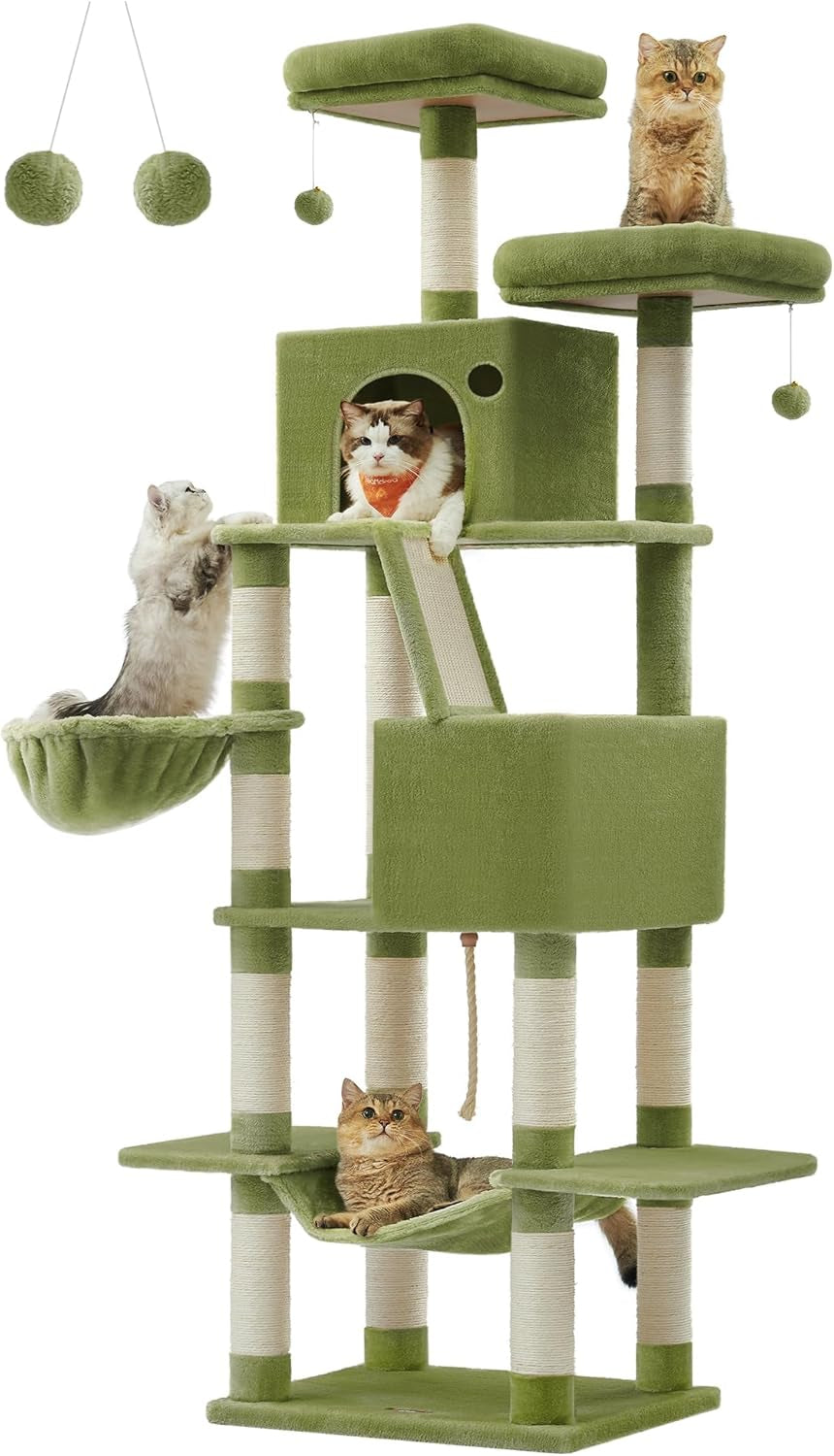 Cat Tree, 81.1-Inch Large Cat Tower with 13 Scratching Posts, 2 Perches, 2 Caves, Basket, Hammock, Pompoms, Multi-Level Plush Cat Condo for Indoor Cats, Smoky Gray UPCT190G01