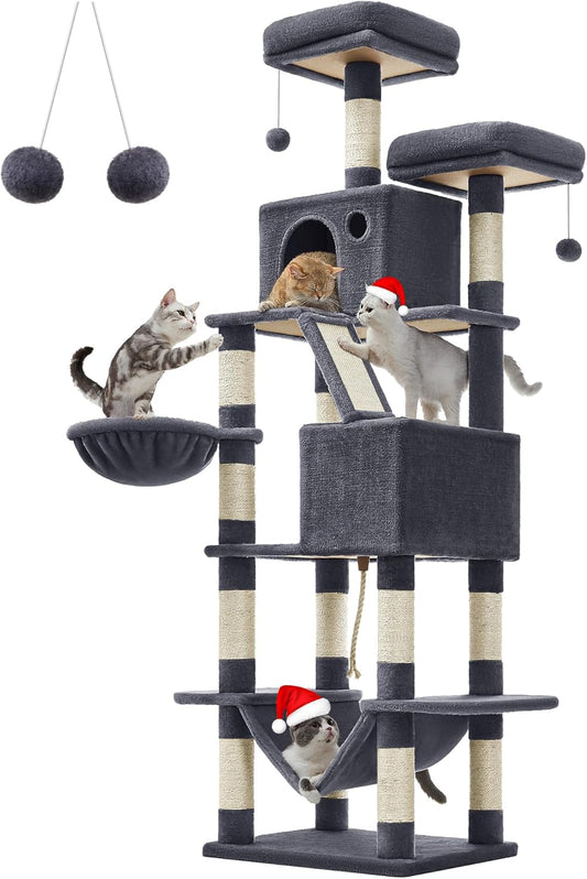 Cat Tree, 81.1-Inch Large Cat Tower with 13 Scratching Posts, 2 Perches, 2 Caves, Basket, Hammock, Pompoms, Multi-Level Plush Cat Condo for Indoor Cats, Smoky Gray UPCT190G01