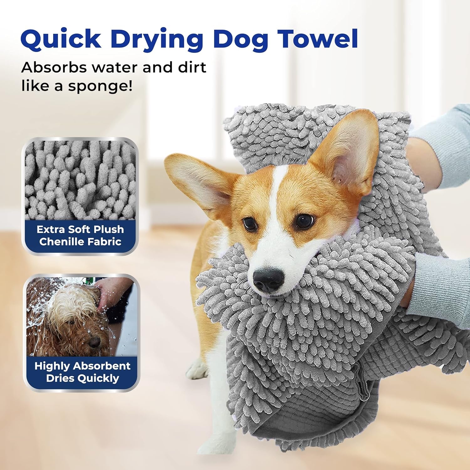 Original Doggy Dryer, Highly Absorbent Microfiber Washable Dog Shammy Quick Drying Towel Absorber - Extra Soft Plush Wrap Chenille Bath Towels to Dry Soggy Large Pets & Small Puppy (Grey)