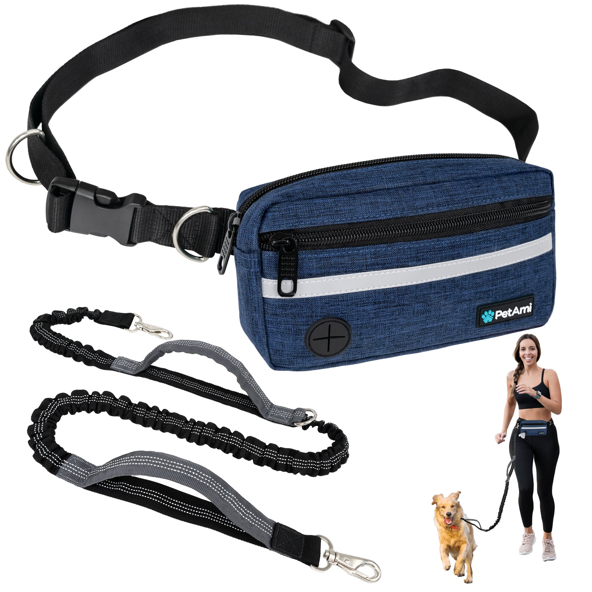 Dog Leash Belt Hands Free Running Jogging Walking Waist Pouch with Bungee Leash