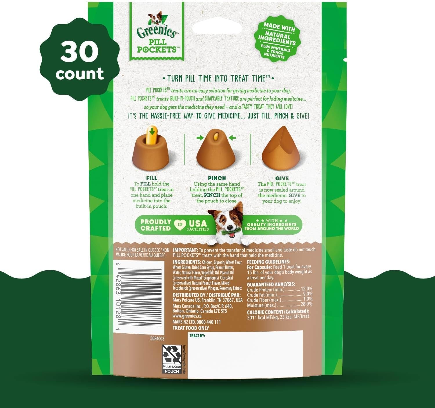 Pill Pockets Adult Dog Treats Capsule Size Natural Soft with Real Peanut Butter, (30 Treats) 7.9Oz. Pack