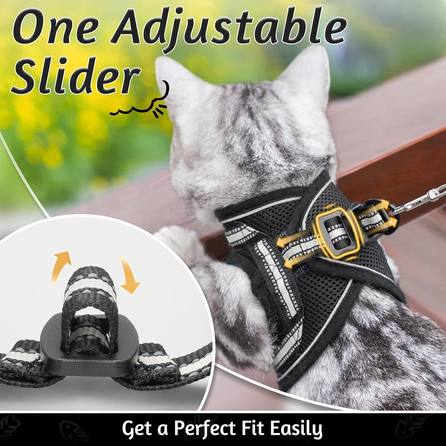 Cat Harness and Leash Set for Walking Escape Proof, Adjustable Soft Kittens Vest with Reflective Strip for Cats, Comfortable Outdoor Vest, Black, Small