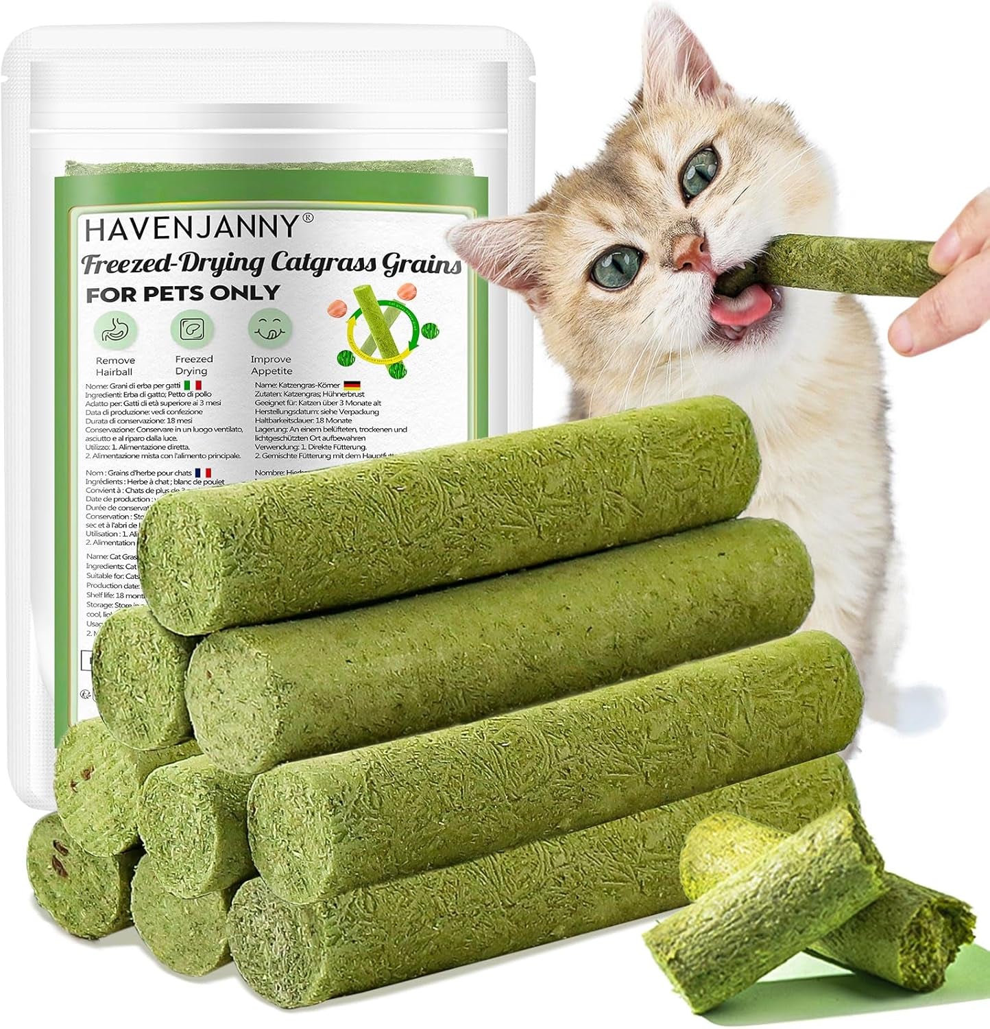 50G Cat Grass Teething Stick for Cat, Natural Dried Cat Grass Treats Snacks for Cats, Edible Cat Chew Toys for Teeth Cleaning and Hairball Removal