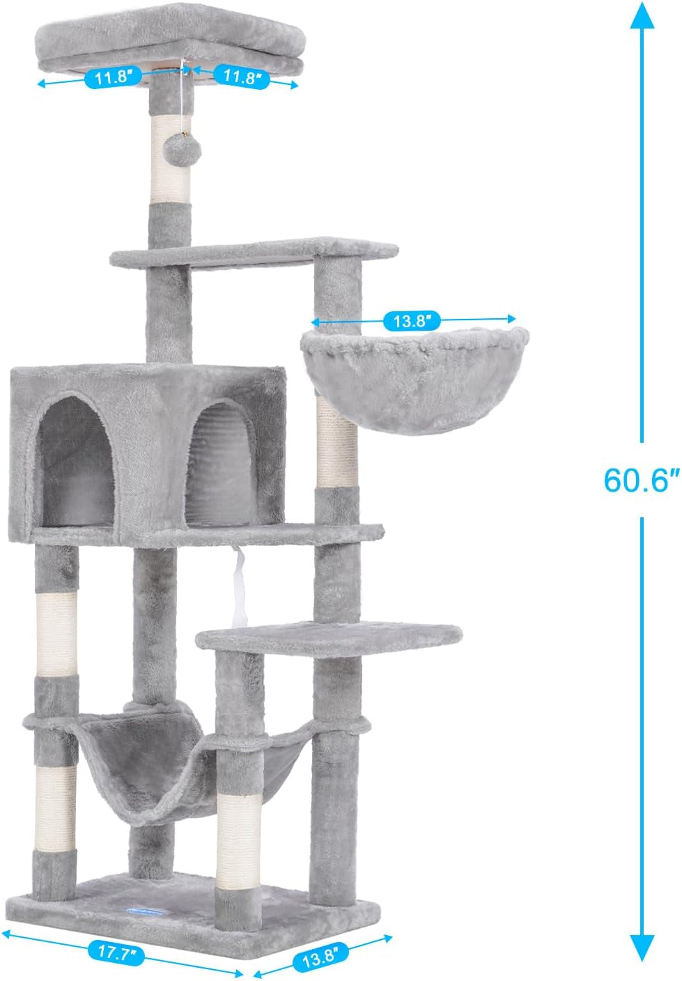 Cat Tree with Large Hammock, Multi-Level Cat Tower for Indoor Cats, Cat Condo with Sisal-Covered Scratching Posts and Top Perch, Light Gray MPJ050W