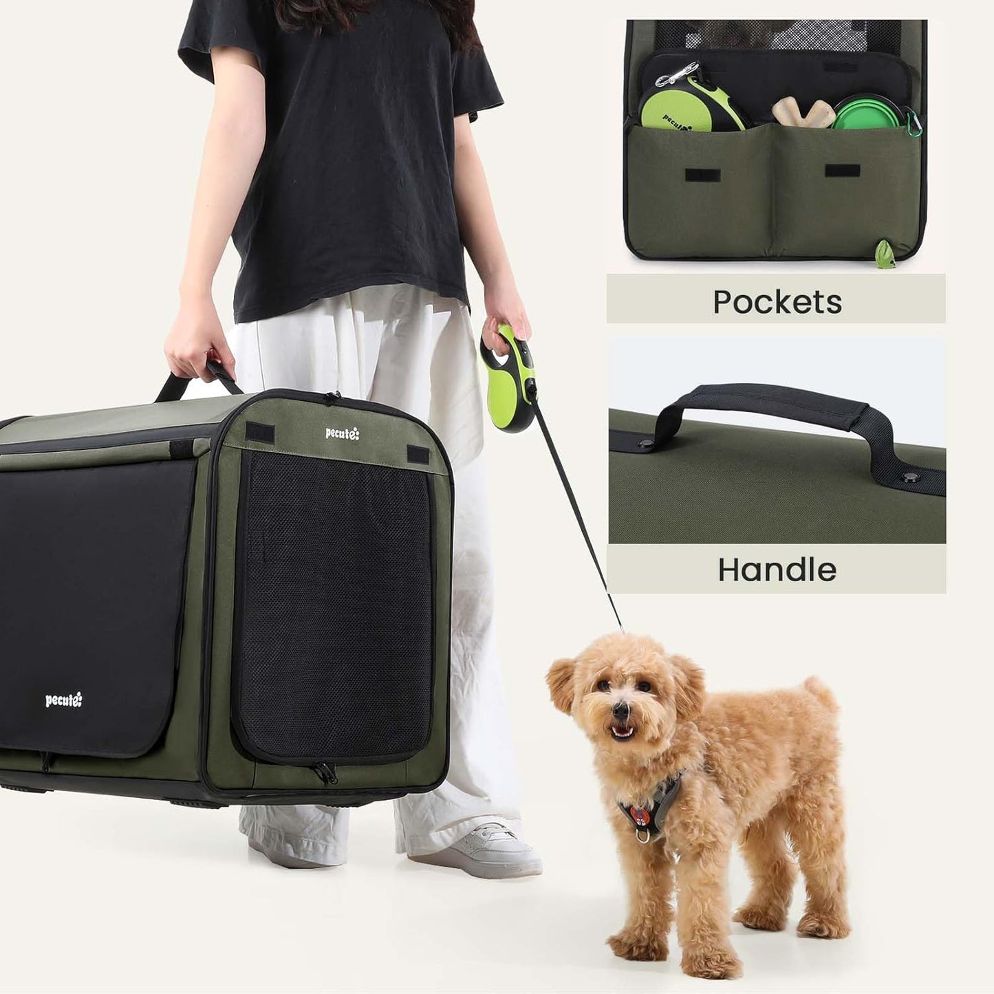 Dog Crate Foldable, Dog Car Seat, 61×45×52 Cm, Dog Carrier with Lockable Zipper and Adjustable Safety Strap for Indoor, Outdoor, and Car Use; Can Be Used as a Pet House, Pet Tent (Green)