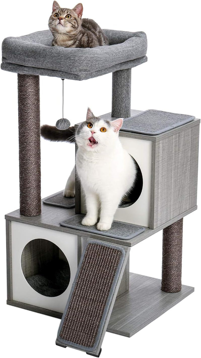 34 Inches Cat Tree Multilevel Cat Tower with Double Condos, Spacious Perch, Fully Wrapped Scratching Sisal Post and Replaceable Dangling Balls Gray