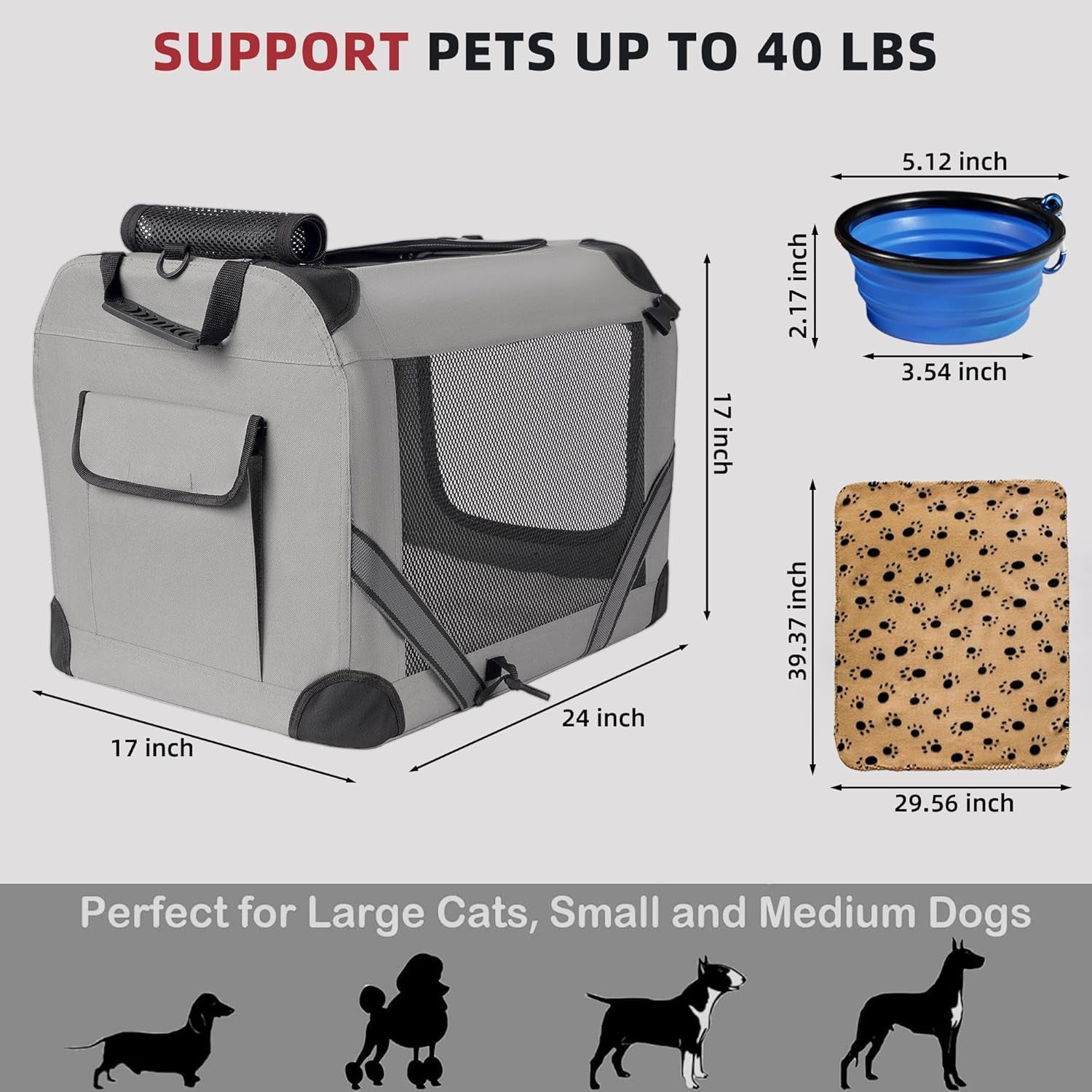 Large Cat Carrier for 2 Cats Small Medium Dogs, Soft Pet Carrier 24X17X17 for Traveling with Warm Blanket Foldable Bowl and Washable Pad