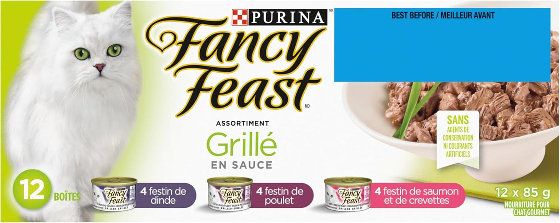 Fancy Feast Grilled Wet Cat Food, in Gravy Variety Pack 3 Flavours - 85 G Can (12 Pack)