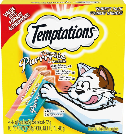 Creamy Puree Adult Lickable Cat Treats with Chicken & Salmon & Tuna Variety Pack, 24 Pouches, 288G