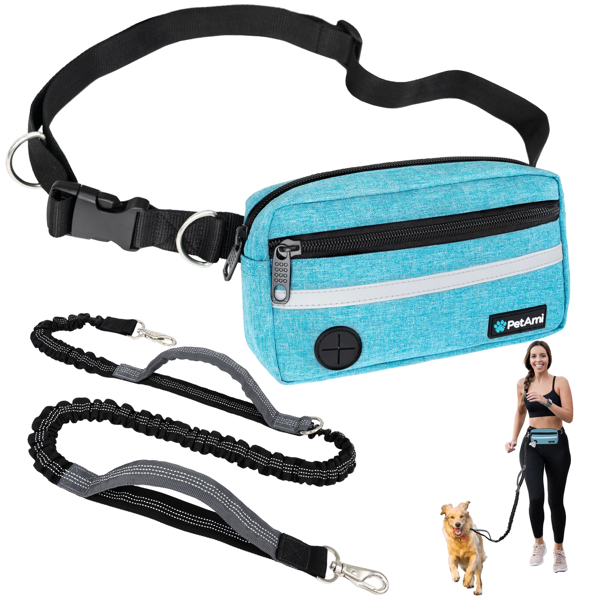 Dog Leash Belt Hands Free Running Jogging Walking Waist Pouch with Bungee Leash