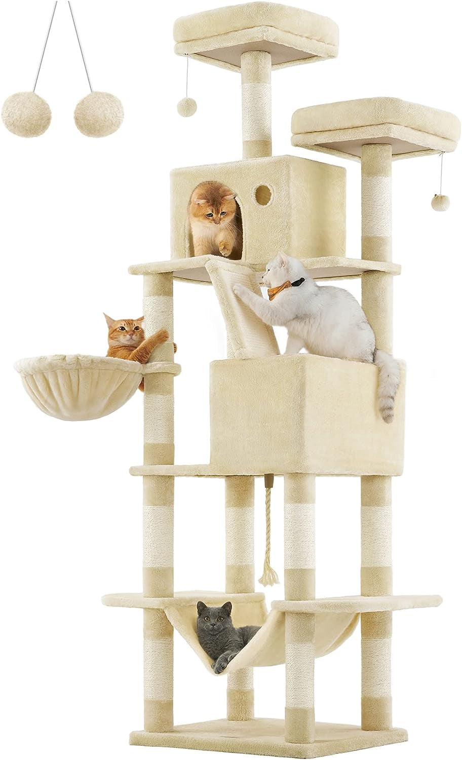 Cat Tree, 81.1-Inch Large Cat Tower with 13 Scratching Posts, 2 Perches, 2 Caves, Basket, Hammock, Pompoms, Multi-Level Plush Cat Condo for Indoor Cats, Smoky Gray UPCT190G01