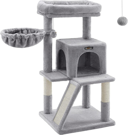 Cat Tree, Small Cat Tower with Widened Perch for Large Cats Indoor, Kittens, 37.8-Inch Multi-Level Cat Condo, Scratching Posts and Ramp, 2-Door Cat Cave, Cat Basket, Light Gray UPCT51W