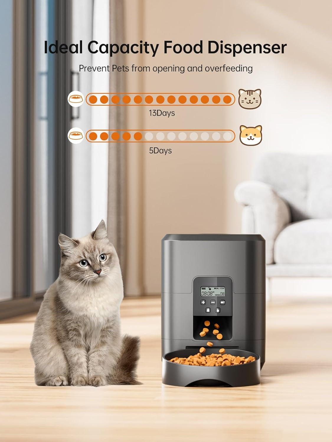 Automatic Cat Feeder, Timed Cat Food Dispenser with 1-4 Meals per Day for Cats and Small Dogs, 2L Auto Pet Feeder for Dry Food with Programmable Portion Control,Dual Power Supply, Easy to Clean, Black