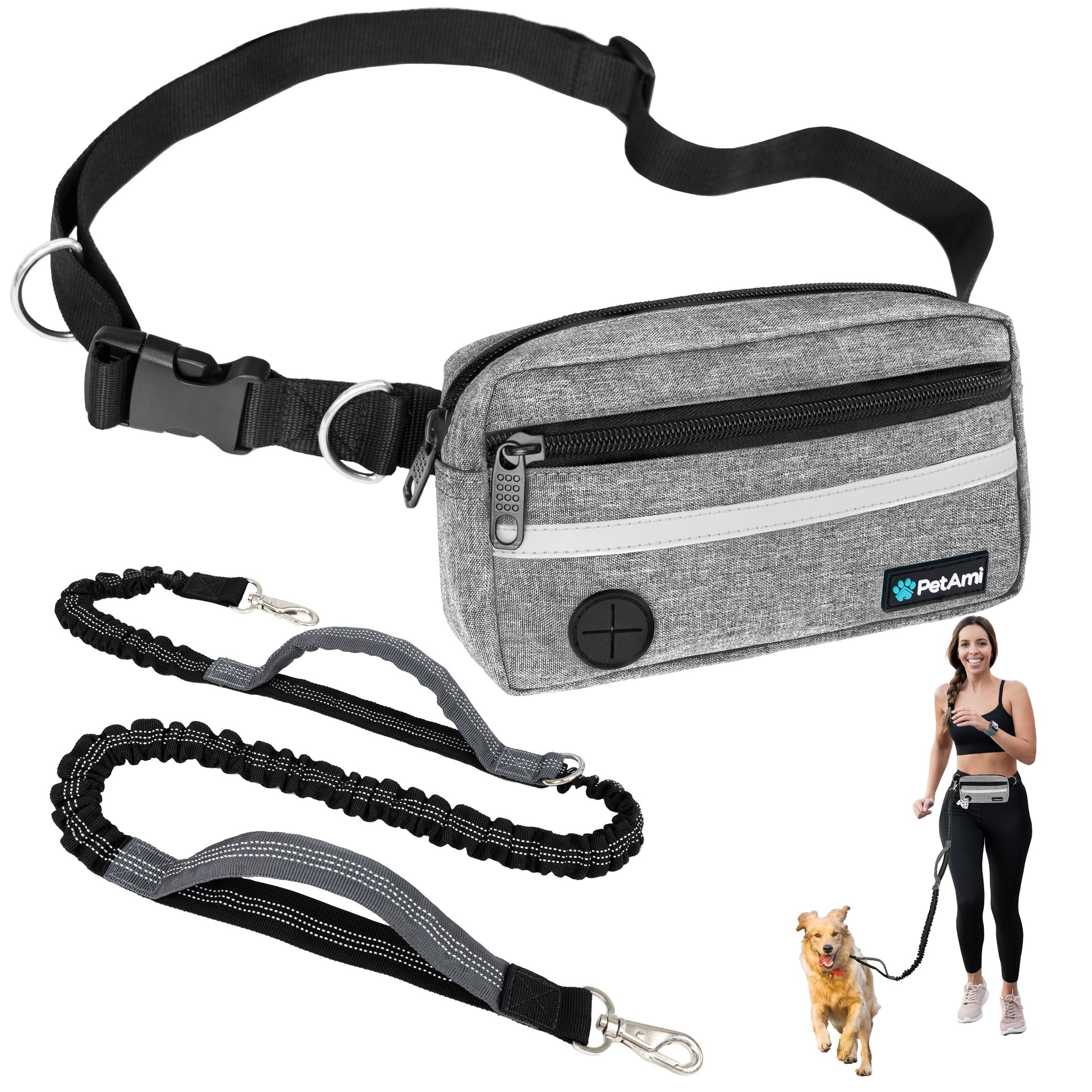 Dog Leash Belt Hands Free Running Jogging Walking Waist Pouch with Bungee Leash