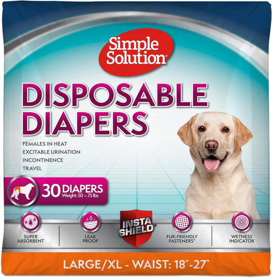 Disposable Dog Diapers for Female Dogs, True Fit, Absorbent, Leak Proof with Wetness Indicator, XL Puppy & Doggie Period Pad and Pee Diaper, for Large Pets, 18-27 Inch Waist, 30 Count