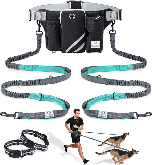 Retractable Hands Free Dog Leash with Dual Bungees for 2 Dogs, Adjustable Waist Belt Fanny Pack, Reflective Stitching Leash for Running Walking Hiking Jogging Biking Black