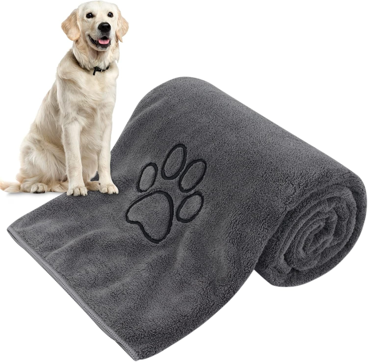 Microfiber Dog Towel Super Absorbent Pet Bath Towel Large Size for All Dogs and Cats with Embroidered Paw Print 30Inch X 50Inch Gray