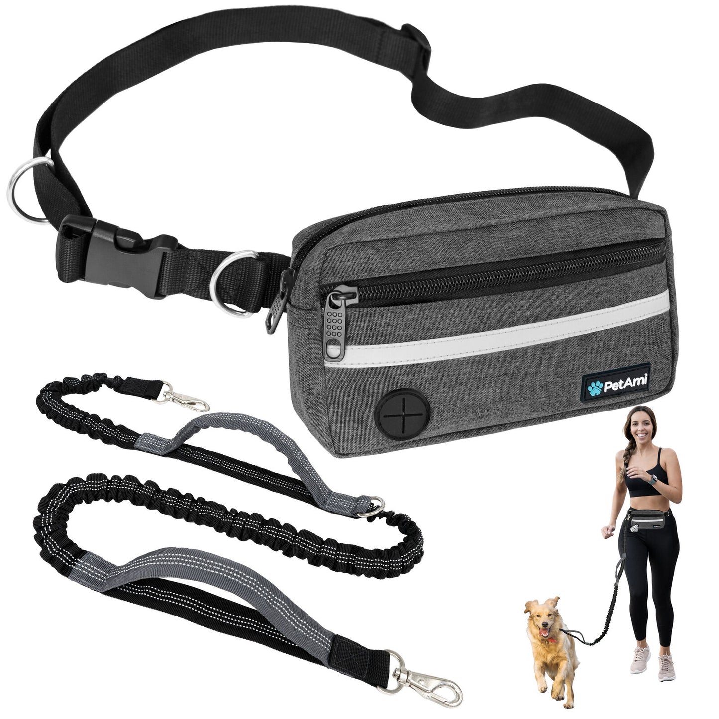 Dog Leash Belt Hands Free Running Jogging Walking Waist Pouch with Bungee Leash