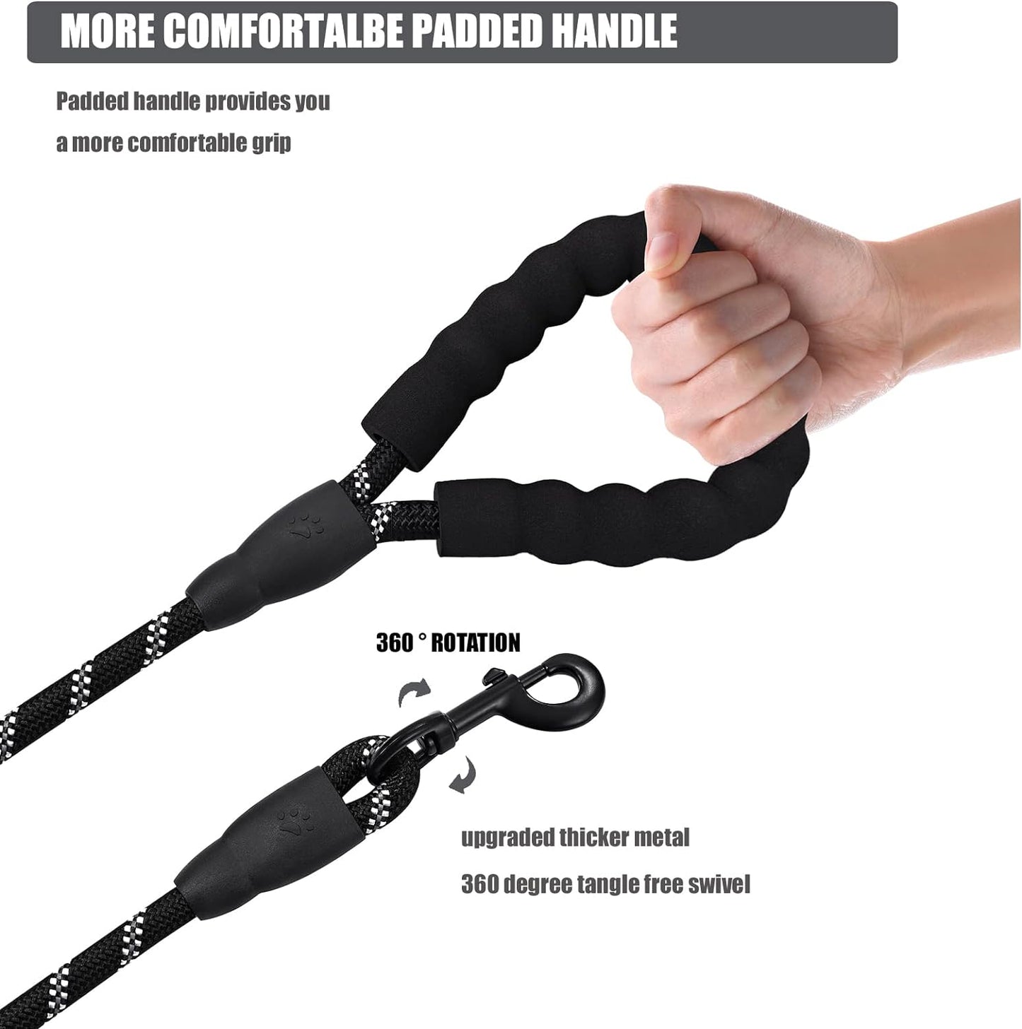 6FT/10FT Strong Dog Leashes with Comfortable Padded Handle and Highly Reflective Threads for Small Medium and Large Dogs(6 Feet X1/2'' (Pack of 1), Black)