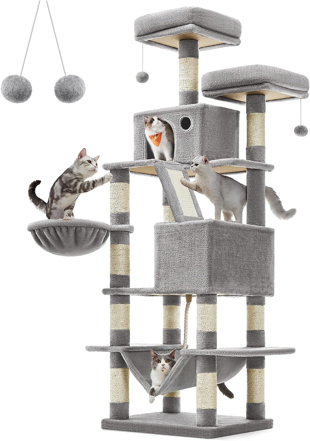 Cat Tree, 81.1-Inch Large Cat Tower with 13 Scratching Posts, 2 Perches, 2 Caves, Basket, Hammock, Pompoms, Multi-Level Plush Cat Condo for Indoor Cats, Smoky Gray UPCT190G01