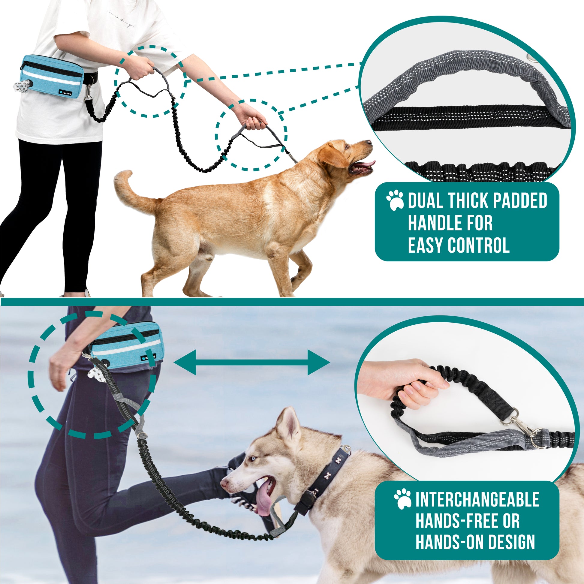 Dog Leash Belt Hands Free Running Jogging Walking Waist Pouch with Bungee Leash