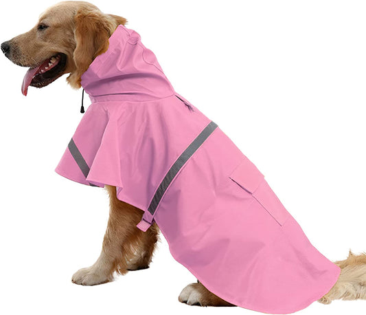 Large Dog Raincoat Adjustable Pet Water Proof Clothes Lightweight Rain Jacket Poncho Hoodies with Strip Reflective (XL, Pink)