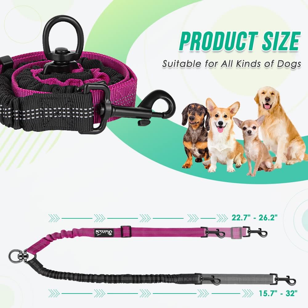 Double Dog Leash Coupler, No Tangle 360° Swivel Dual Leashes for Walking 2 Dogs, Adjustable Length Reflective Splitter Leash for Training, Small, Medium & Large Two Dogs(Black&Fuchsia)