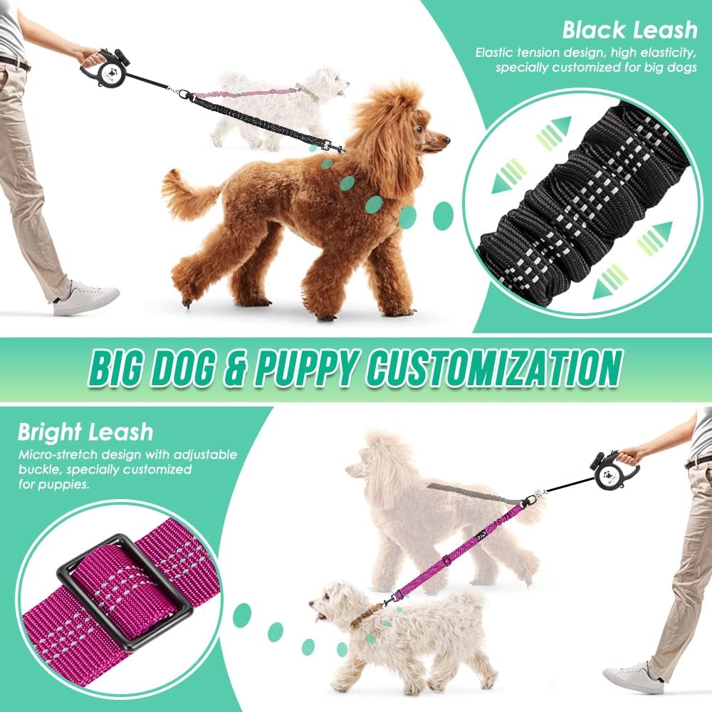 Double Dog Leash Coupler, No Tangle 360° Swivel Dual Leashes for Walking 2 Dogs, Adjustable Length Reflective Splitter Leash for Training, Small, Medium & Large Two Dogs(Black&Fuchsia)