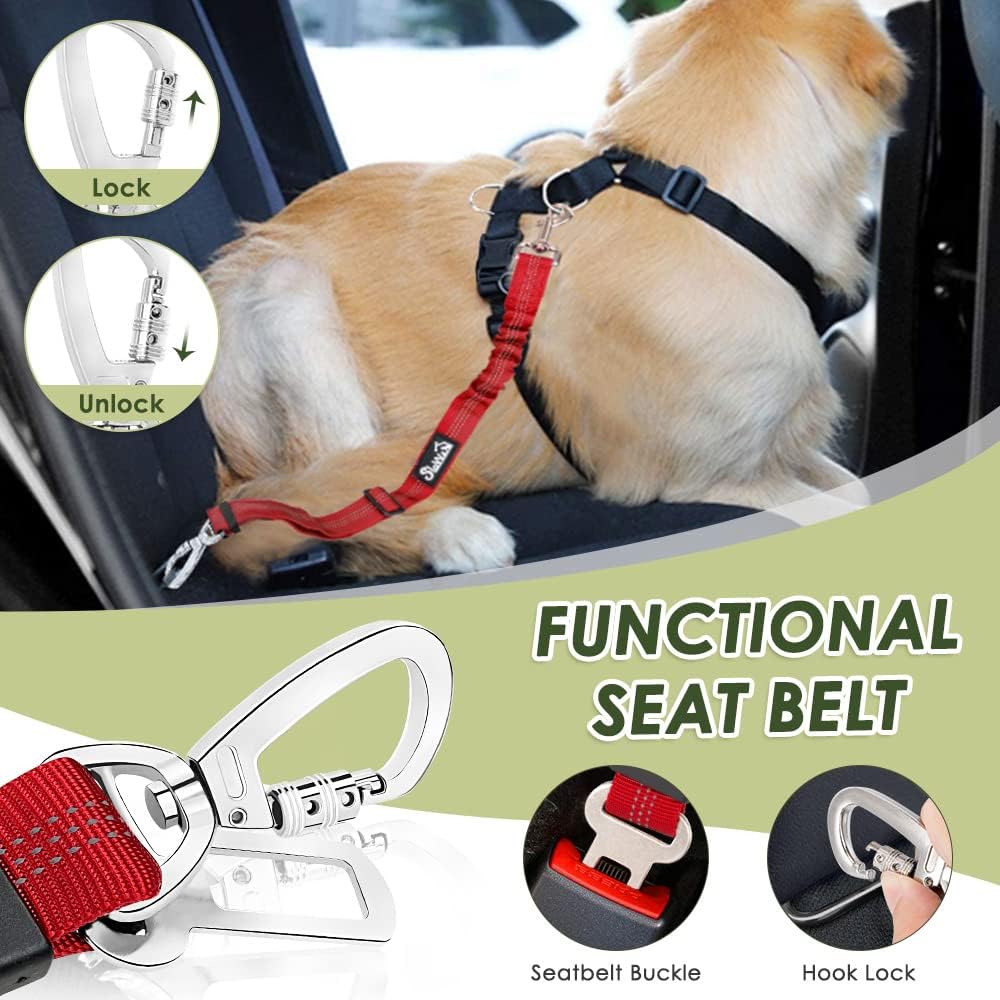 2 Pack Dog Seat Belt - Dog Car Seat Belt Adjustable with Elastic Bungee Buffer, Dog Car Seatbelt Tether & Latch Bar Attachment, Nylon Pet Safety Harness Leash for Vehicle (Red,2 in 1)