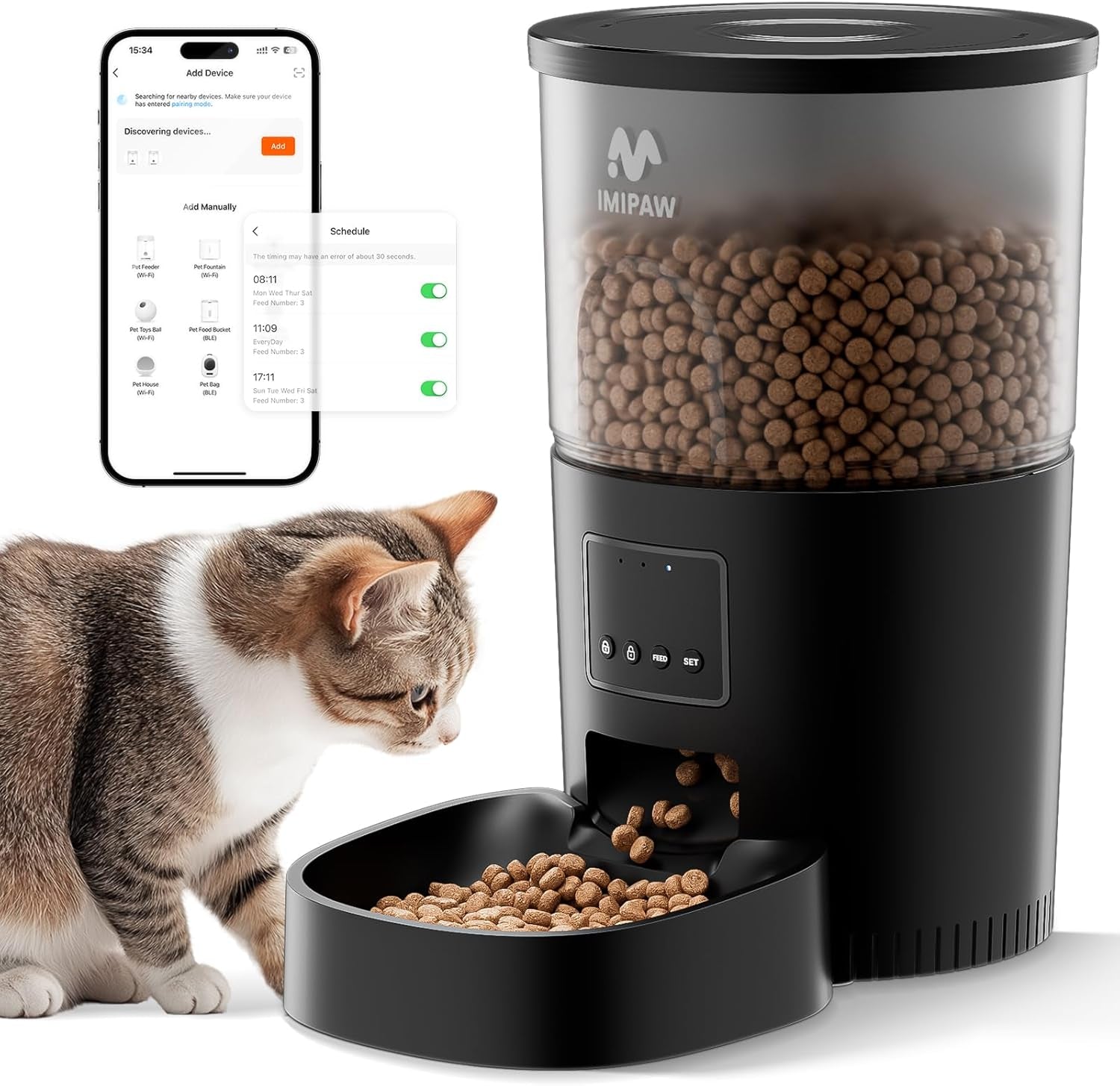 Automatic Cat Food Dispenser, Wifi Cat Feeder with APP Control for Pet Dry Food, Timed Pet Feeder Programmable, Dual Power Supply, Slow Feeder for Cats & Small Pets, Black