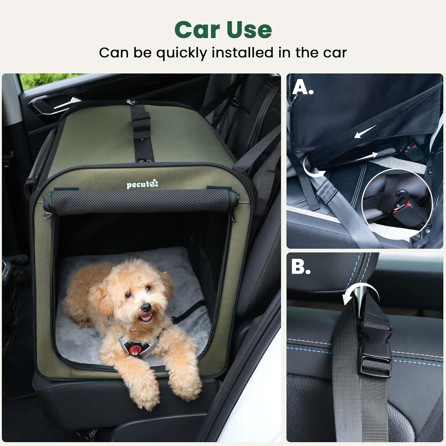 Dog Crate Foldable, Dog Car Seat, 61×45×52 Cm, Dog Carrier with Lockable Zipper and Adjustable Safety Strap for Indoor, Outdoor, and Car Use; Can Be Used as a Pet House, Pet Tent (Green)