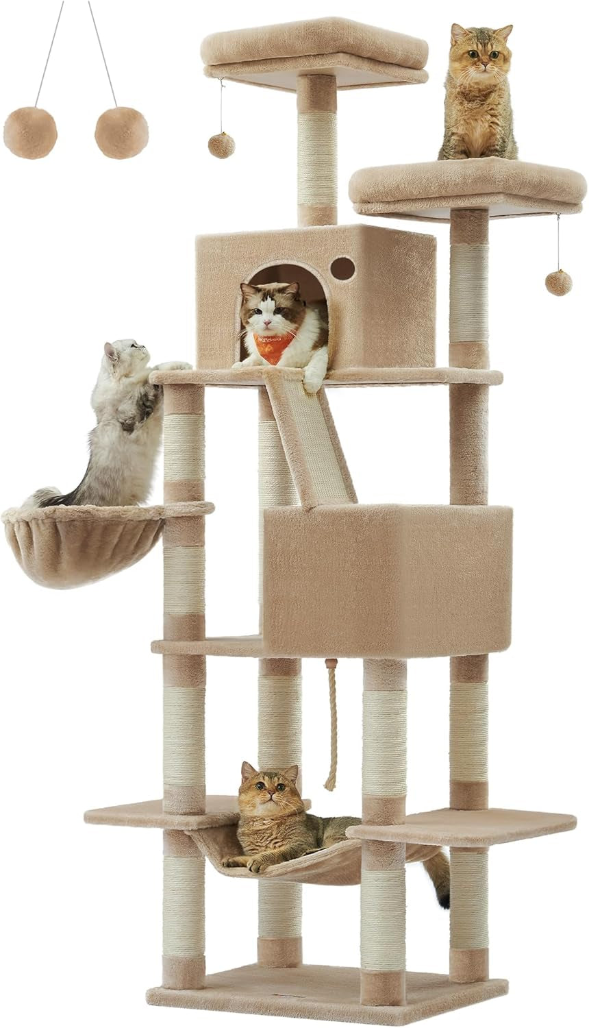 Cat Tree, 81.1-Inch Large Cat Tower with 13 Scratching Posts, 2 Perches, 2 Caves, Basket, Hammock, Pompoms, Multi-Level Plush Cat Condo for Indoor Cats, Smoky Gray UPCT190G01