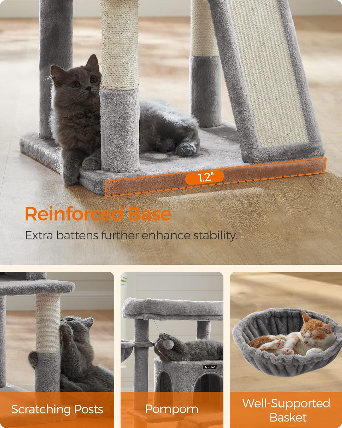 Cat Tree, Small Cat Tower with Widened Perch for Large Cats Indoor, Kittens, 37.8-Inch Multi-Level Cat Condo, Scratching Posts and Ramp, 2-Door Cat Cave, Cat Basket, Light Gray UPCT51W