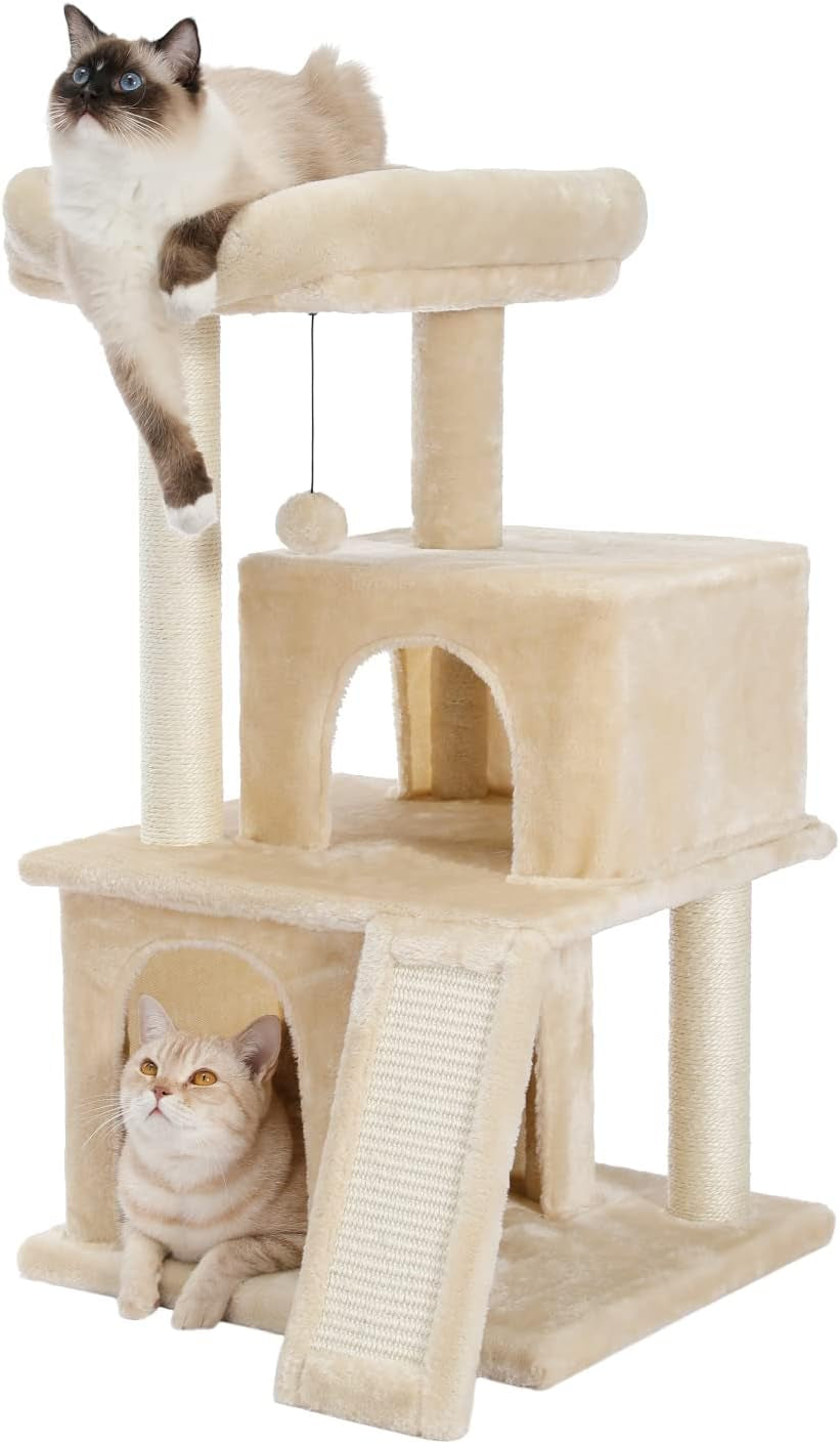 34 Inches Cat Tree Multilevel Cat Tower with Double Condos, Spacious Perch, Fully Wrapped Scratching Sisal Post and Replaceable Dangling Balls Gray