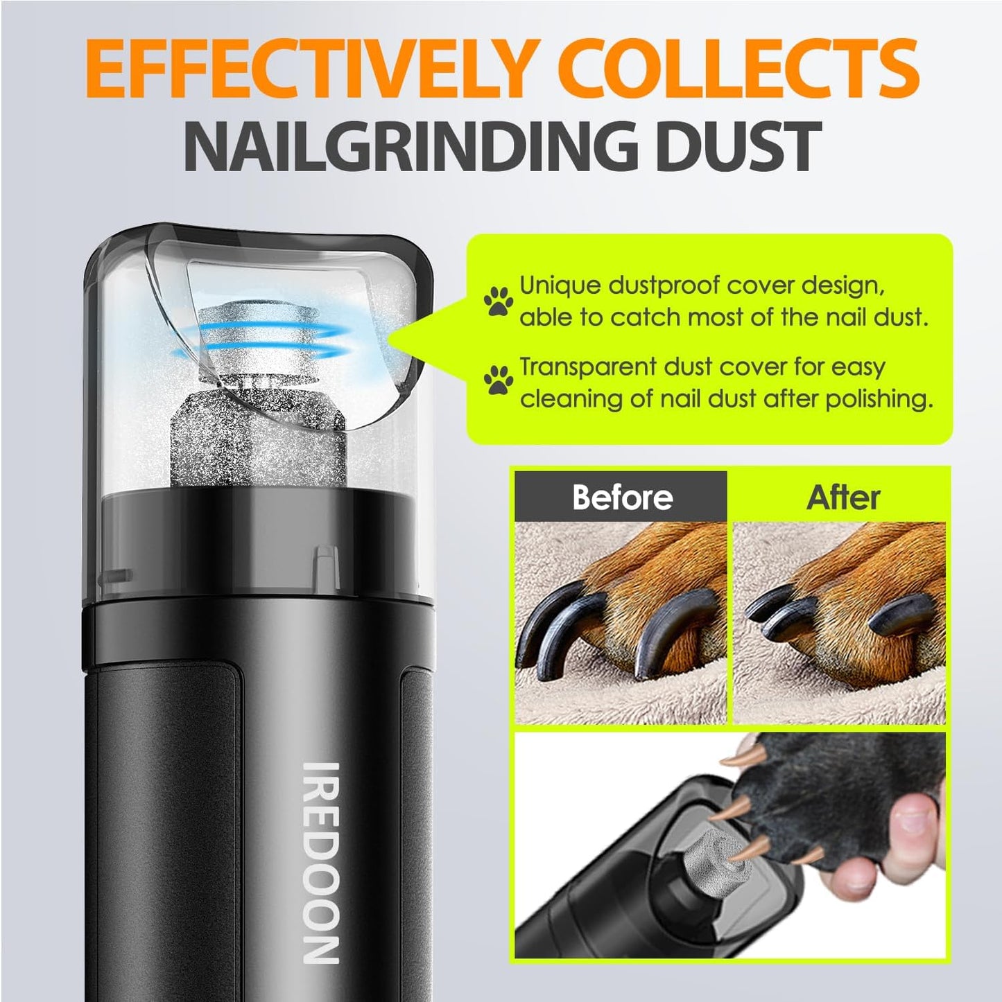 Dog Nail Grinder Upgraded - Professional 3-Speed Super Quiet and Low Vibration Electric Pet Nail Grinder with 4 LED Lights - Painless Paws Grooming & Smoothing for Small to Large Dogs (Black)