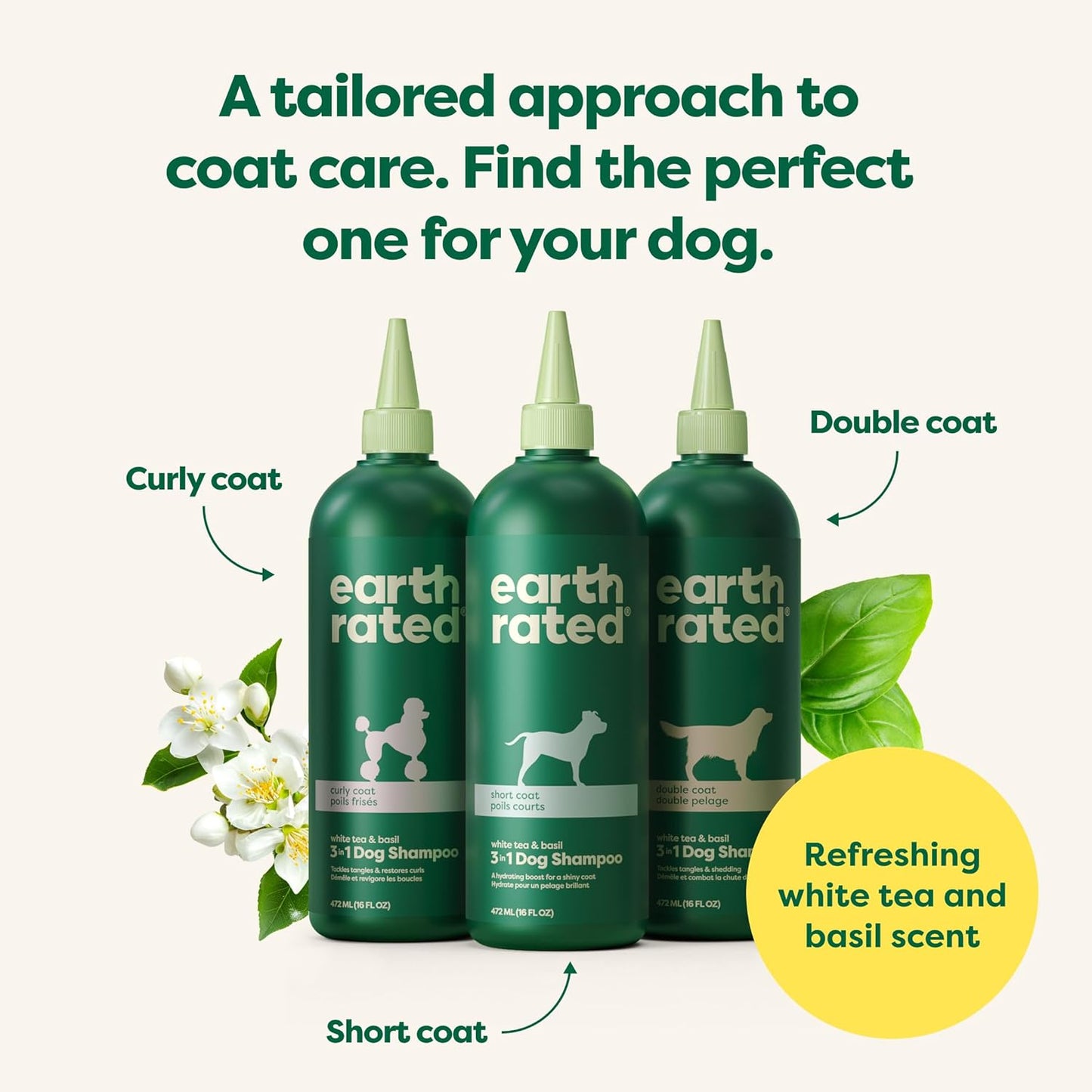 3-In-1 Dog Shampoo, Conditioner and Deodorizer, for Double-Coated Dogs and Puppies to Tackle Tangles and Shedding, Refreshing White Tea and Basil Scent, 473 Ml